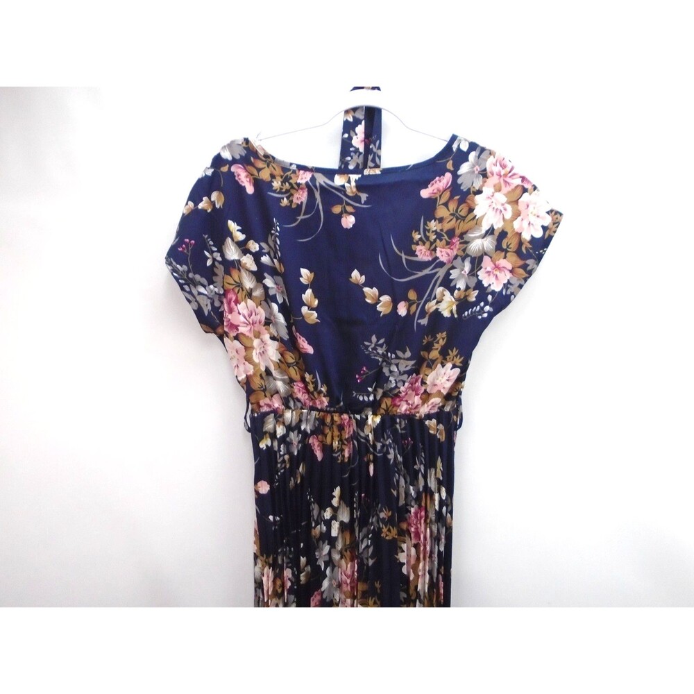 Women's Floral Print A-Line Dress Size S Short Sleeve Navy Blue With Belt - Picture 7 of 9